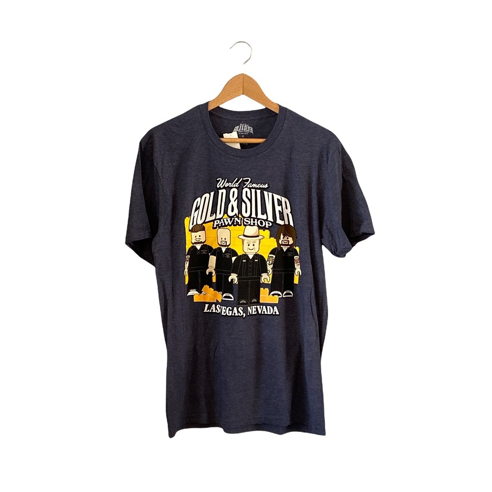 NWT Pawn Stars Gold & Silver Pawn Shop Las Vegas Lego Mini‎ Figure Shirt Sz M